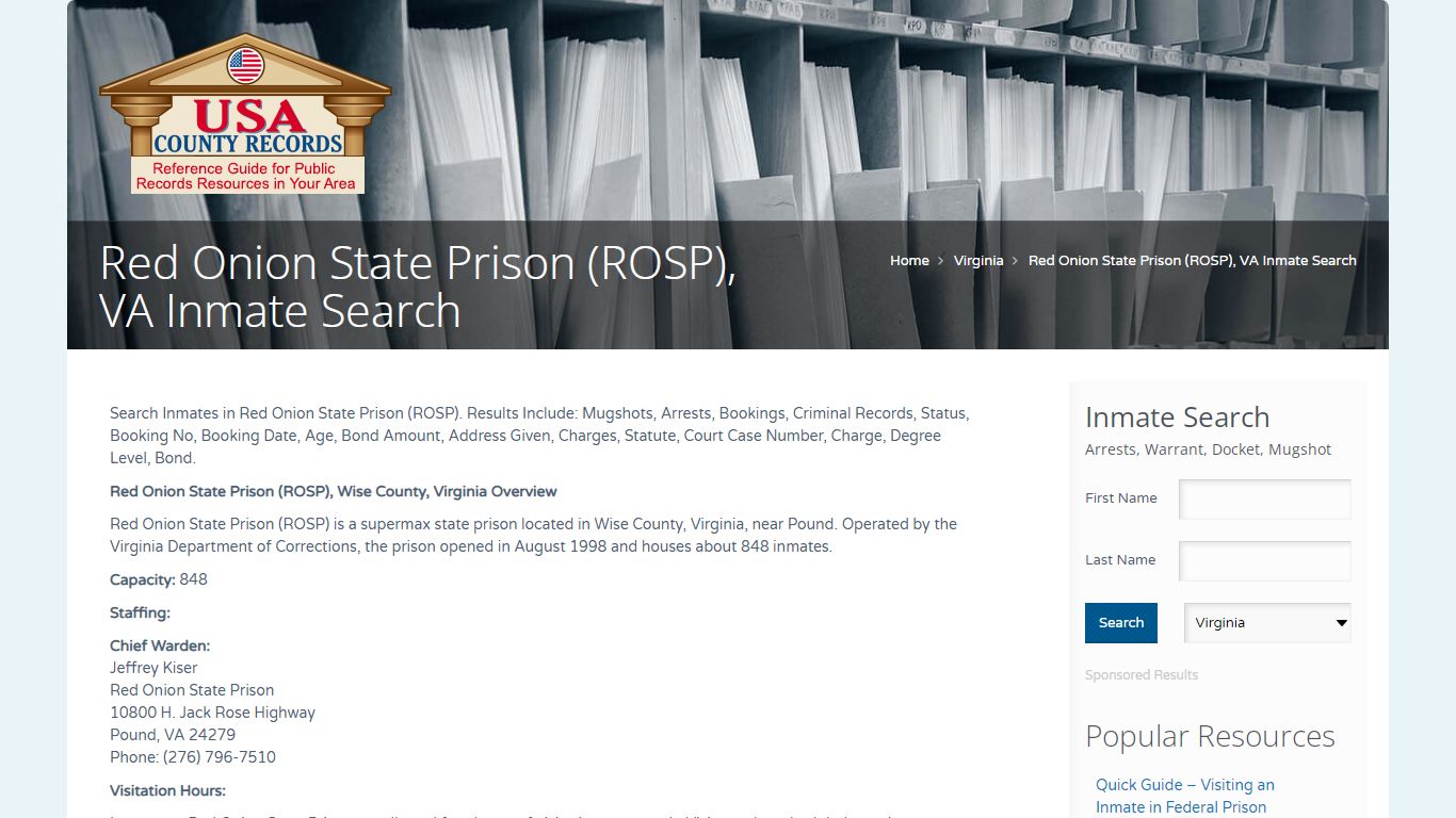 Red Onion State Prison (ROSP), VA Inmate Search | Name Search