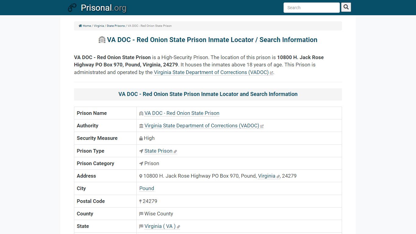 VA DOC - Red Onion State Prison-Inmate Locator/Search Info ...