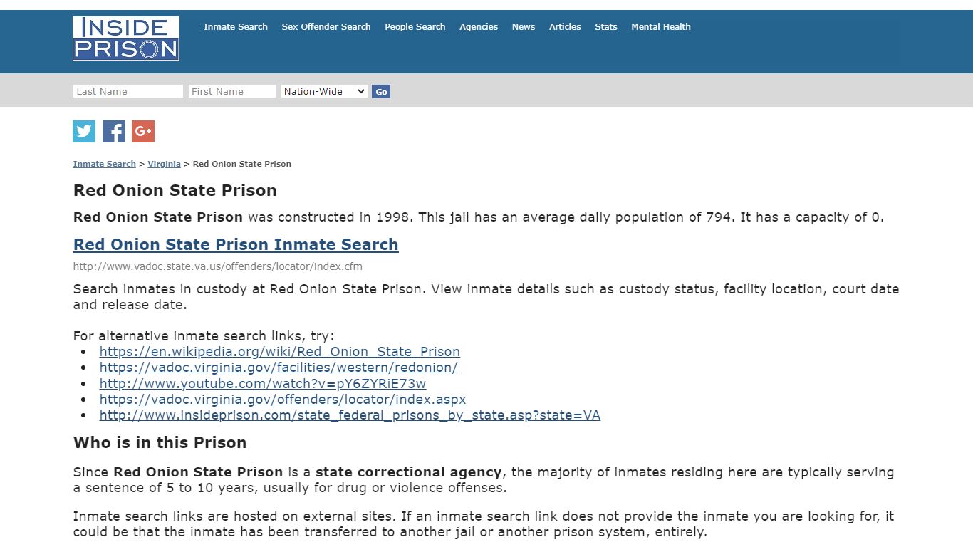 Red Onion State Prison - Virginia - Inmate Search